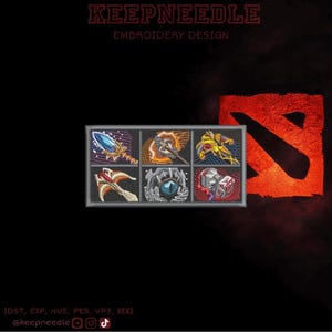 Puede incluir: Un diseño de bordado con seis iconos de juego coloridos y un logotipo rojo a la derecha. El texto "KEEPNEEDLE EMBROIDERY DESIGN" está en la parte superior. La parte inferior de la imagen incluye identificadores de redes sociales.