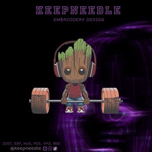 May include: An embroidery design featuring a cartoon Groot character lifting weights. Groot is wearing a red tank top, blue jeans, and headphones. The design includes the text "KEEPNEEDLE EMBROIDERY DESIGN" and social media handles.