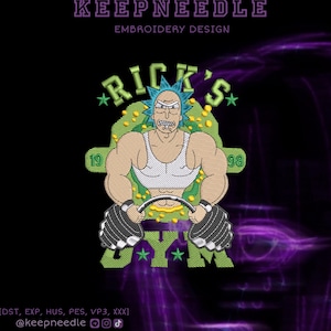 May include: An embroidered design featuring a muscular cartoon character with blue hair and a white tank top, lifting a barbell. The text "Rick's Gym" is in green, with the years "19" and "98" on either side. The design is set against a black background with purple accents.
