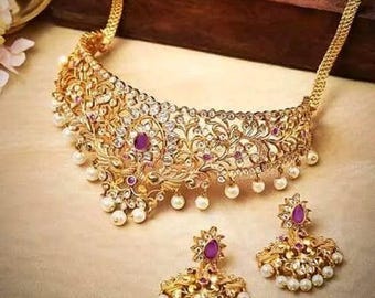 Antique Gold Plated Indian Choker Necklace Set | Wedding Jewelry Set