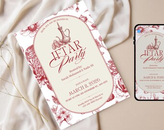 May include: An invitation for an Iftar Party, featuring a cream-colored background with burgundy floral illustrations and text. The invitation includes the date, time, and location. A smartphone displays the same design.