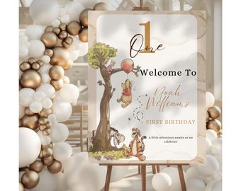 Winnie Puuh Willkommensschild, erste Geburtstagsfeier Zeichen, bearbeitbare Canva Vorlage, druckbarer Sofort-Download