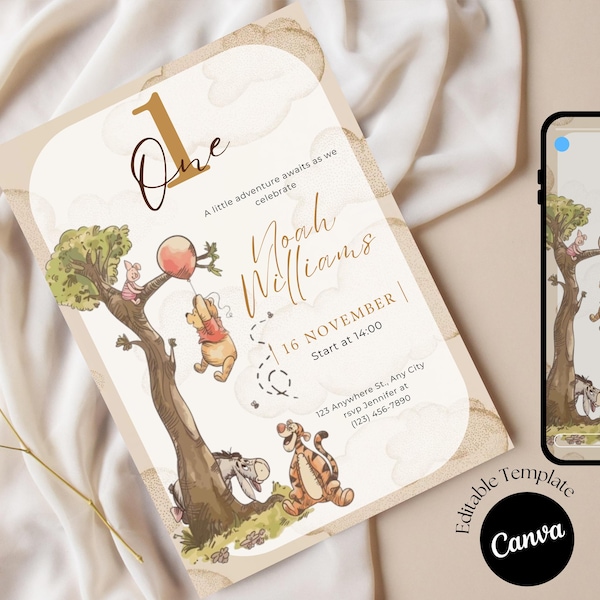 Winnie the Pooh First Birthday Invitation, Editable Canva Template, Boy 1st Birthday Party Invite, Printable Instant Download