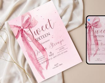 Sweet Sixteen Invitation, Pink Bow Blush Watercolor Party Invite, Editable Canva Template, Instant Download