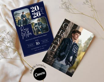 Masculine Graduation Invitation Template, Boys Grad Party Invite 2026, Editable Canva, Male Senior Graduation Announcement Card