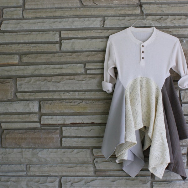 eco clothing-upcycled-tunic-thermal-bohemian-artsy-vintage look-neutral-tan-crème-drape-earthy-fall