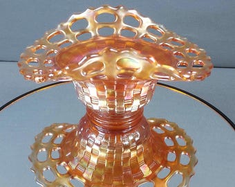 Fenton Marigold Carnival Glass Open Lace Ruffled Bowl 5" - Vintage Hand Formed Basket Weave Rim