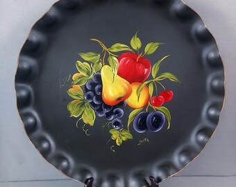 Vintage Black Tole Serving Tray with Hand Painted Fruit - Cottagecore Farmhouse Kitchen Decor