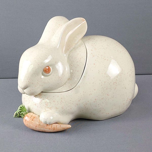 Vintage Fitz & Floyd Bunny Cookie Jar 1982, Speckled Ceramic Rabbit Carrot, Retro Kitchen Decor