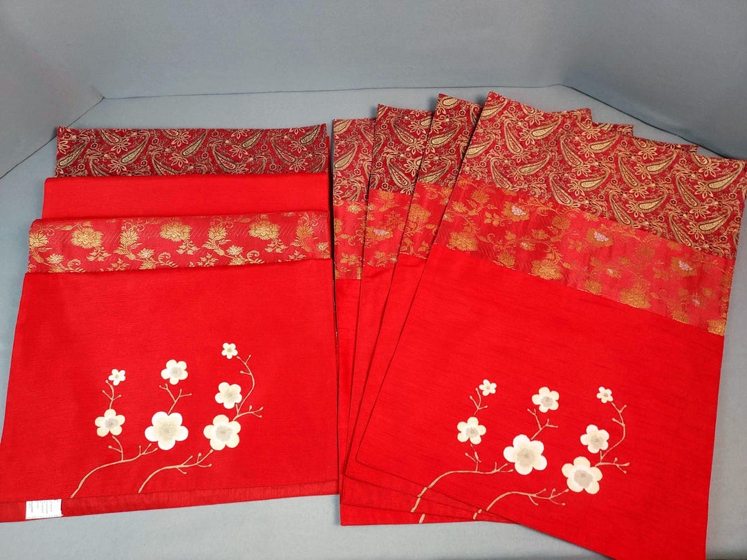 Vintage Pier 1 Cherry Blossom Placemats Set of 8 – Red Gold Jacquard ...