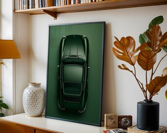 Affiche de voiture vintage – Voiture de sport rétro verte vue du dessus, décoration murale minimaliste style milieu de siècle, impression d'art de voiture classique, cadeau, fans
