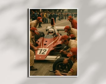 Affiche vintage de Formule 1 – Scène d'arrêt au stand classique avec la voiture de course n° 12, Art mural rétro de sport automobile pour les fans de course et les collectionneurs,