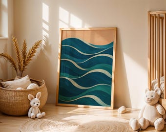 Affiche abstraite de vagues marines, art océanique minimaliste, art mural bleu turquoise, décoration côtière moderne, impression d'art de salon, chambre d'enfant