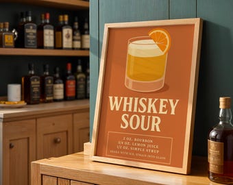Affiche de cocktail Whiskey Sour, décoration murale de bar vintage, impression artistique de recette de boisson rétro, cadeau pour les amateurs de whisky, cuisine et bar à domicile