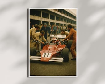Affiche vintage de Formule 1 – Scène d'arrêt au stand historique dans un style rétro, décoration murale sport automobile pour fans et collectionneurs, cadeau pour lui