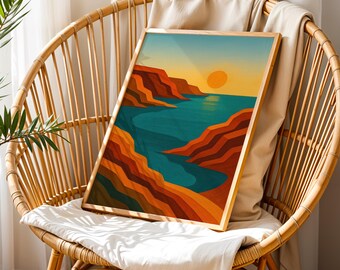 Affiche côtière de coucher de soleil, paysage abstrait, art mural rétro, illustration de mer, image de nature moderne, peinture à l'huile, affiche rétro vintage