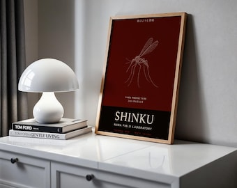 Japanese insect poster, Shinku print, Nara laboratory art, minimalist entomology illustration, dark vintage wall picture