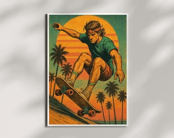 Affiche de skateboard rétro, décoration murale style surfeur vintage des années 80 avec palmiers et coucher de soleil, idée cadeau pour skateurs et fans de rétro, imprimé rétro