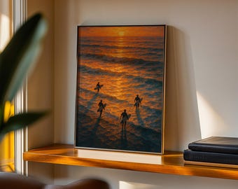 Affiche de coucher de soleil de surf, surfeur dans la lumière du soir au bord de la mer, art mural rétro pittoresque avec des vagues dorées, ambiance océan, peinture à l'huile, cadeau pour lui