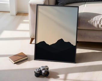 Affiche de montagne minimaliste, art mural coucher de soleil, impression silhouette nature, photographie de paysage, décoration calme pour le salon