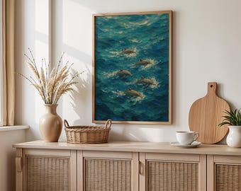 Affiche de dauphins, peinture artistique avec des dauphins, tableau mural océanique vintage dans un style art rétro pour les fans de nature de plage, impression de peinture à l'huile