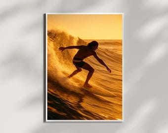 Affiche de surf vintage, surfeur au coucher du soleil, art mural de surf rétro avec ambiance californienne des années 70, imprimé surf rétro, décoration murale de surf, imprimé vintage