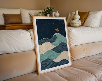 Affiche de surfeur Illustration minimaliste avec vagues et ciel étoilé Tableau mural rétro océan dans un style art moderne Tableau mural pour chambre d'enfant