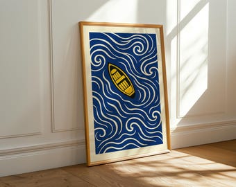 Affiche de bateau minimaliste, vagues abstraites, art mural, design nautique moderne, style scandinave, cadeau vintage