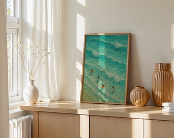 Affiche de surf Surfeurs pittoresques dans des vagues turquoise Rétro Océan Art mural Plage Surf Style de vie Vibes Peinture à l'huile Impression Rétro Décoration murale
