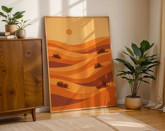 Affiche du désert, image de paysage minimaliste, art mural de coucher de soleil, tons de terre chauds, décor bohème, affiche pittoresque à motif de nature moderne