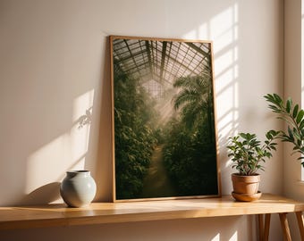 Affiche de jardin botanique, photographie de serre tropicale, art mural de jungle avec rayons de soleil, fresque nature verdoyante, utopique, palmiers