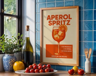 Aperol Spritz Poster, Retro Cocktail Recipe, Summer Bar Decor, Orange Wall Art, Gift for Aperitif Fans, Kitchen Art, Gift for Her/Him