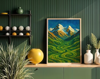 Paysage de montagne abstrait, style peinture à l'huile, affiche d'art des Alpes, art mural nature en bleu vert, image de paysage moderne, esthétique du salon