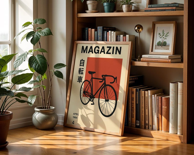 May include: A framed poster with the word "MAGAZIN" in black, featuring a black bicycle illustration on a cream background with a red rectangle. Japanese text and the date "APRIL 1964" are also visible. The poster is displayed on a wooden bookshelf.