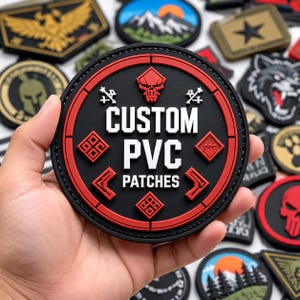 Puede incluir: Un parche circular de PVC negro con un borde rojo y detalles geométricos rojos. El centro presenta el texto blanco CUSTOM PVC PATCHES, un icono de calavera roja en la parte superior y varios símbolos pequeños blancos y rojos alrededor.