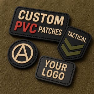 Może przedstawiać: Cztery czarne naszywki z PVC z wypukłymi literami i symbolami. Prostokątna naszywka ma napis CUSTOM PVC PATCHES, druga YOUR LOGO, naszywka w kształcie tarczy ma napis TACTICAL i dwa zielone szewrony, a okrągła zawiera symbol litery A.