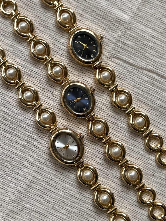Gold Pearl Oval Watch, Vintage Style Bracelet Jewelry