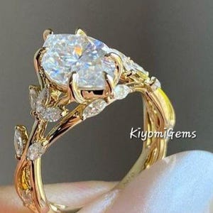 2 CT Marquise Moissanite Engagement Ring, Solid Gold Ring, Nature Inspired Ring, Twisted Shank Anniversary Ring, Leaf Cluster Ring For Women