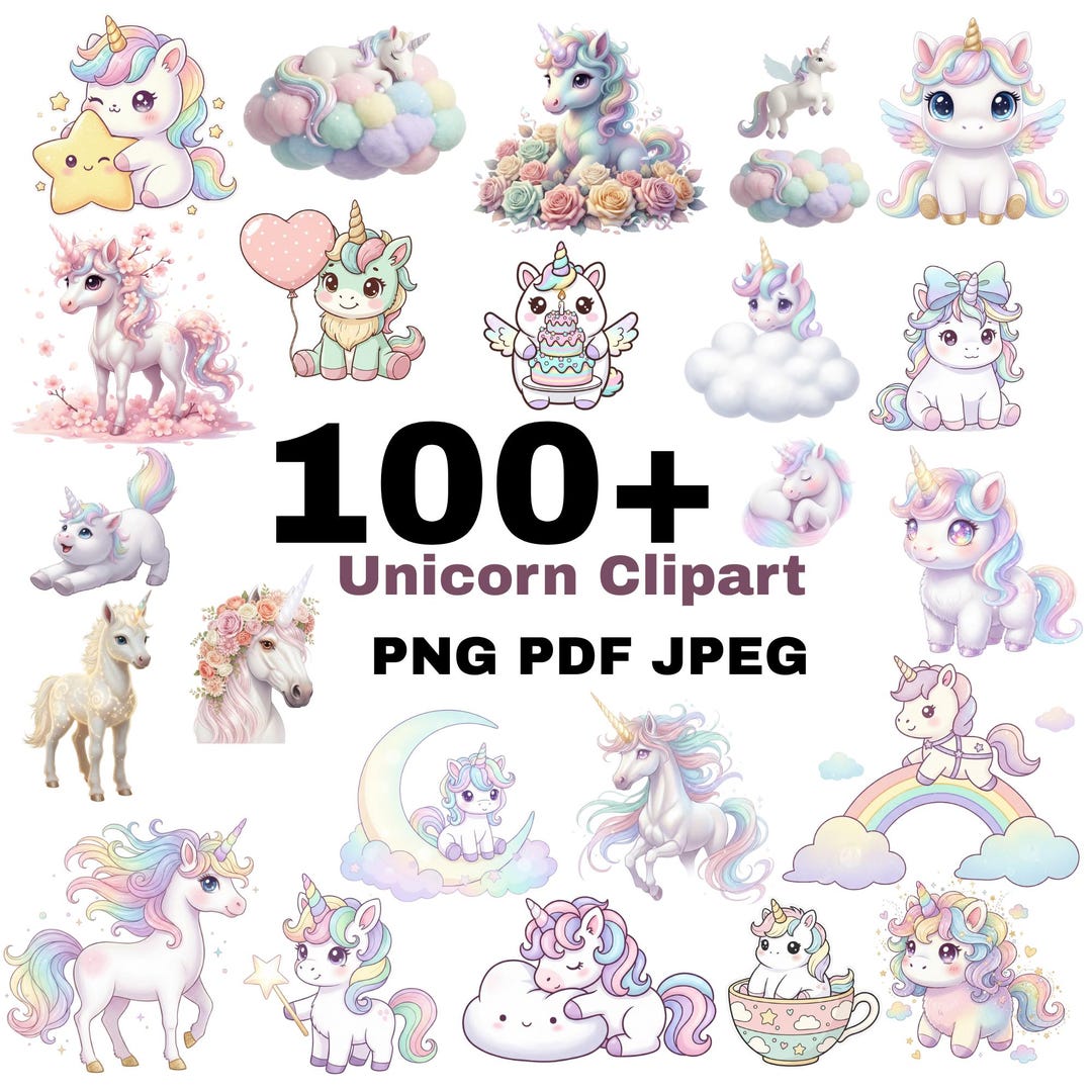 100+ Unicorn Clipart Png Bundle | Cute Unicorn Graphics | Pastel Baby ...