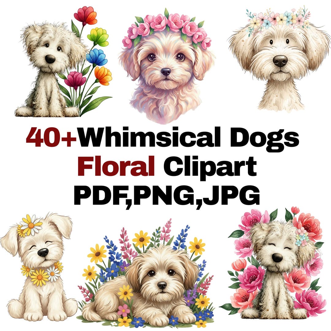Cute Whimsical Dog Floral Clipart Bundle, Floral Puppy Graphics, 40 ...