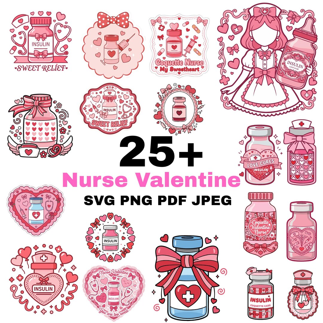 Nurse Valentine Clipart Bundle PNG SVG | Coquette Nurse Insulin Art ...