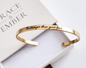 Inspirational Quote Bracelet, Engraved Cuff Motivational Jewelry Gift for Her, Strength Affirmation Encouragement Gift