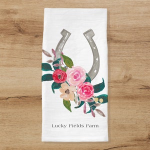 Equestrian Silver Floral Horseshoe Tea Towel with optional Personalization