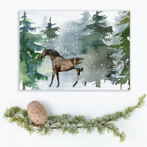 Cartão De Férias Cavalo Floresta De Inverno Cartão De Natal Equestre