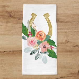 Equestrian Gold Floral Horseshoe Tea Towel with optional Personalization