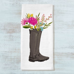 Equestrian Field Boots with Flowers Tea Towel with optional Personalization