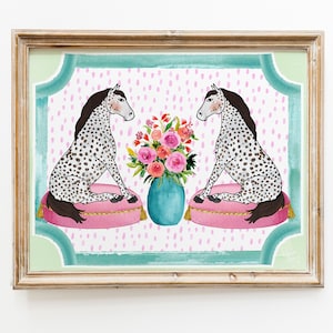 Horses on Pillows with Flowers Preppy Art Print