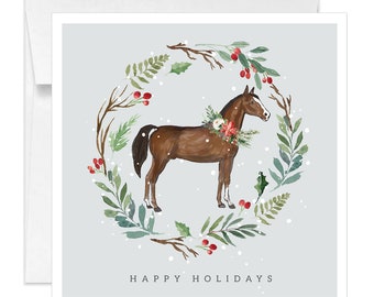 Square Horse Holiday Cards Equestrian Christmas Card Watercolor