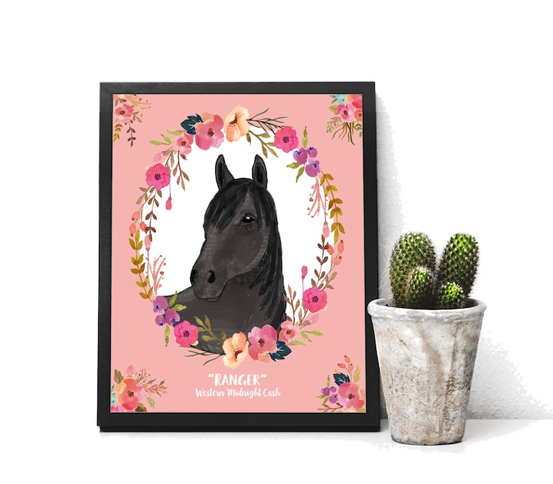 Personalized Horse Gift Print of Watercolor Horse with Flowers Horse Memorial
