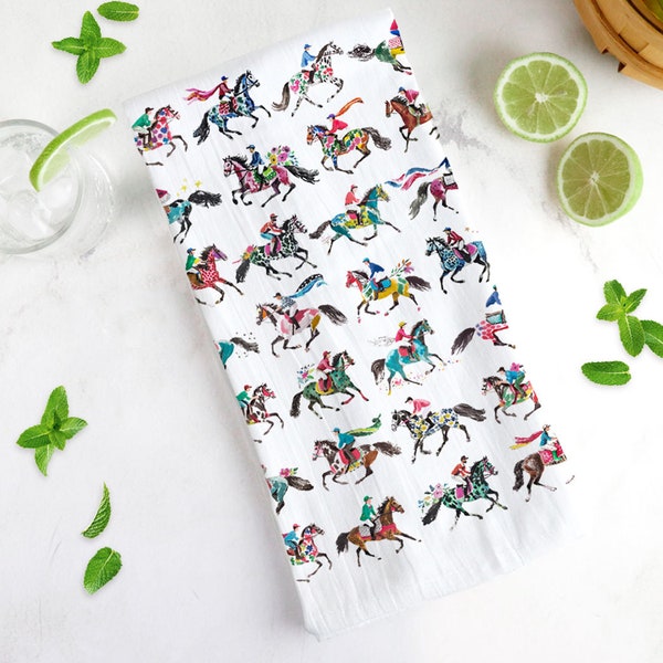 Derby Horses con jinetes Jockey Tea Towel con personalización opcional